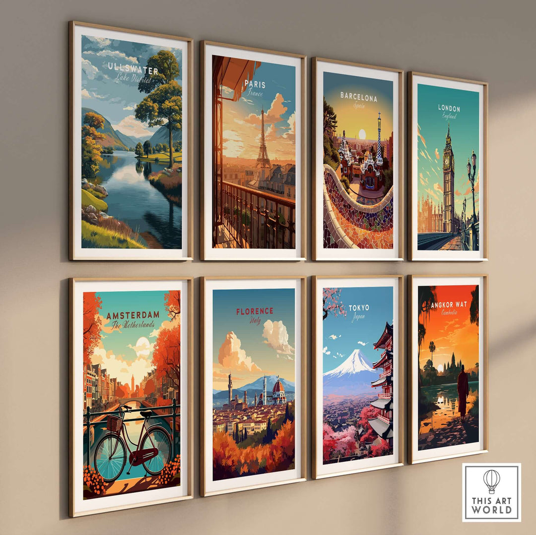 Gallery wall with travel posters of Ullswater, Paris, Barcelona, London, Amsterdam, Florence, Tokyo, and Angkor Wat.