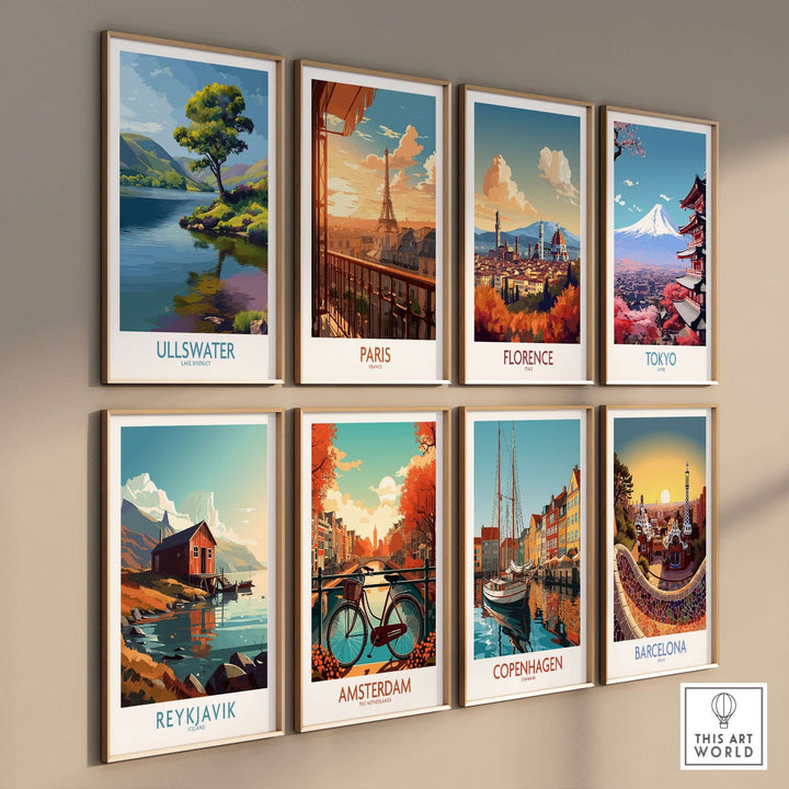 Collection of scenic travel posters featuring Ullswater, Paris, Florence, Tokyo, Reykjavik, Amsterdam, Copenhagen, and Barcelona.