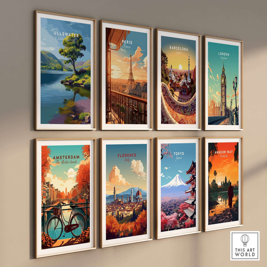 Collection of framed cityscape prints including Ullswater Lake, Paris, Barcelona, London, Amsterdam, Florence, Tokyo, Angkor Wat.