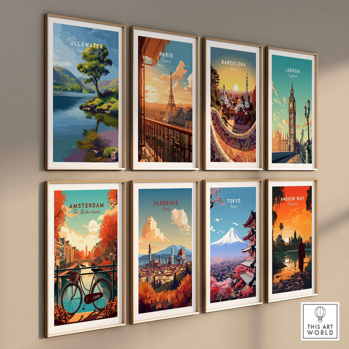 Collection of framed cityscape prints including Ullswater Lake, Paris, Barcelona, London, Amsterdam, Florence, Tokyo, Angkor Wat.