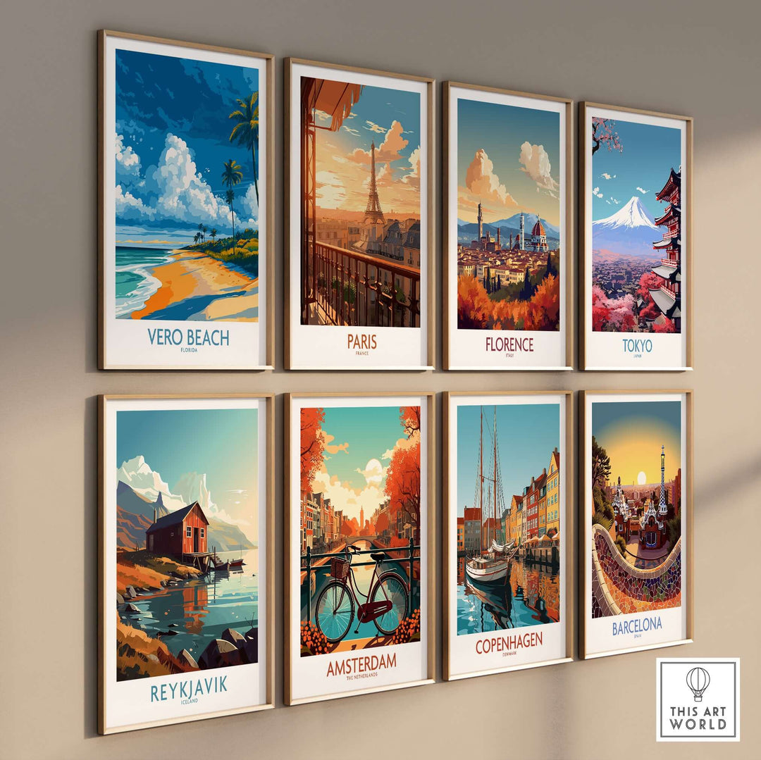 Colorful travel art print collection featuring Vero Beach, Paris, Florence, Tokyo, and more, ideal for décor enthusiasts.