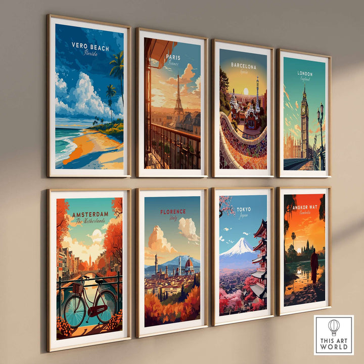 Collection of travel posters including Vero Beach, Paris, Barcelona, London, Amsterdam, Florence, Tokyo, and Angkor Wat.