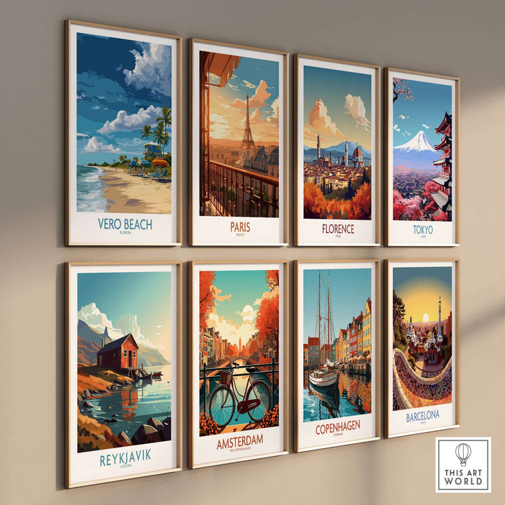 Collection of colorful travel posters featuring Vero Beach, Paris, Florence, Tokyo, Reykjavik, Amsterdam, Copenhagen, and Barcelona.