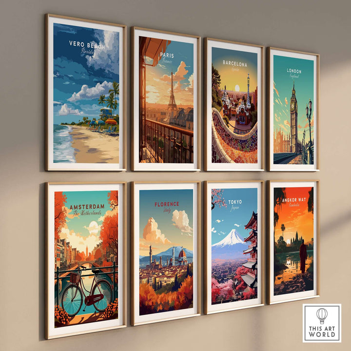 Gallery wall art prints featuring Vero Beach, Paris, Barcelona, London, Amsterdam, Florence, Tokyo, and Angkor Wat.