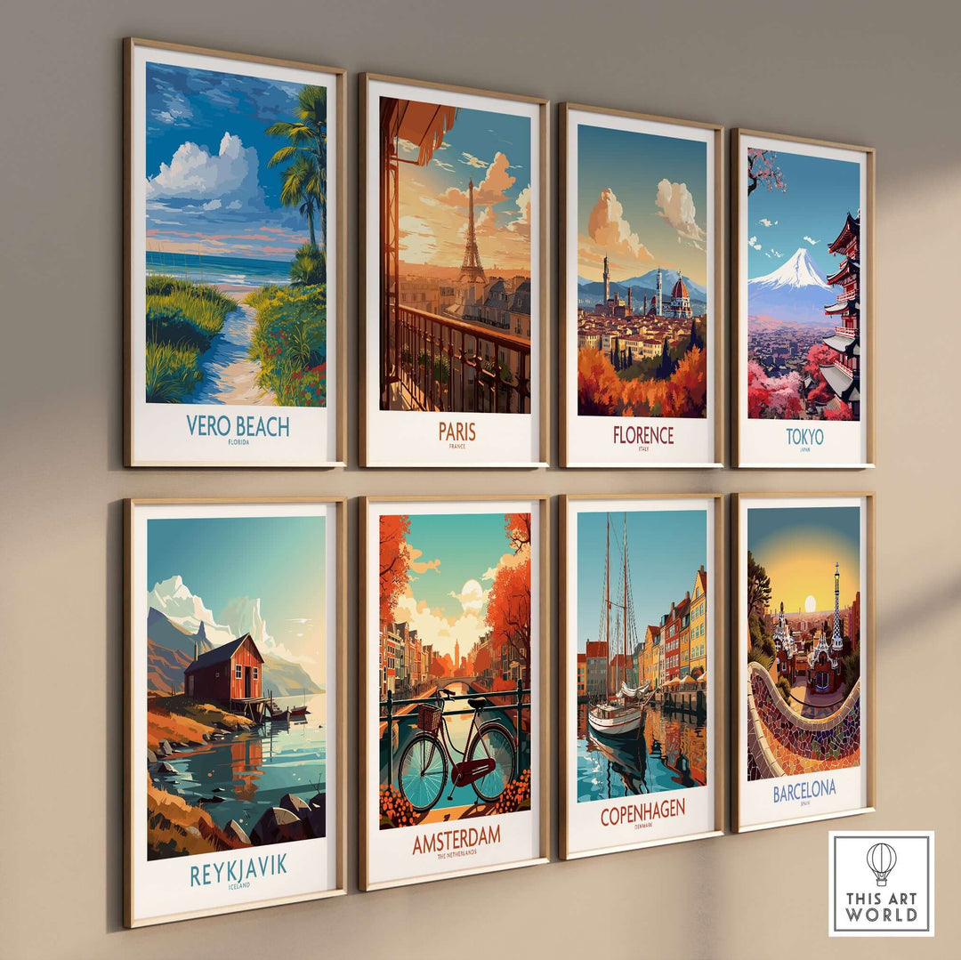 Gallery wall of travel posters featuring Vero Beach, Paris, Florence, Tokyo, Reykjavik, Amsterdam, Copenhagen, and Barcelona.