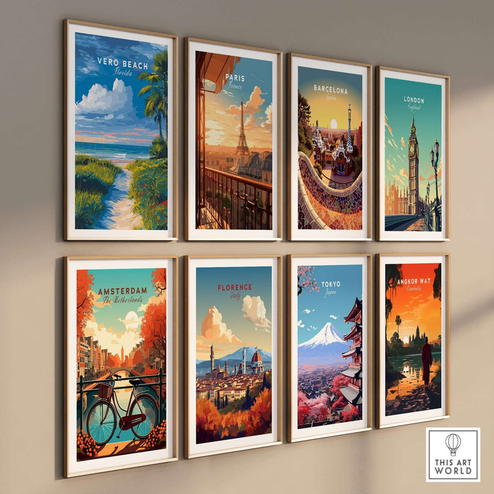 Collage of travel-themed wall art prints including Vero Beach, Paris, Barcelona, London, Amsterdam, Florence, Tokyo, and Angkor Wat.