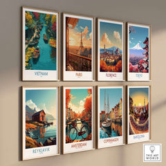 Vietnam Poster - Southeast Asia Travel Print displayed among iconic city prints on a gallery wall.