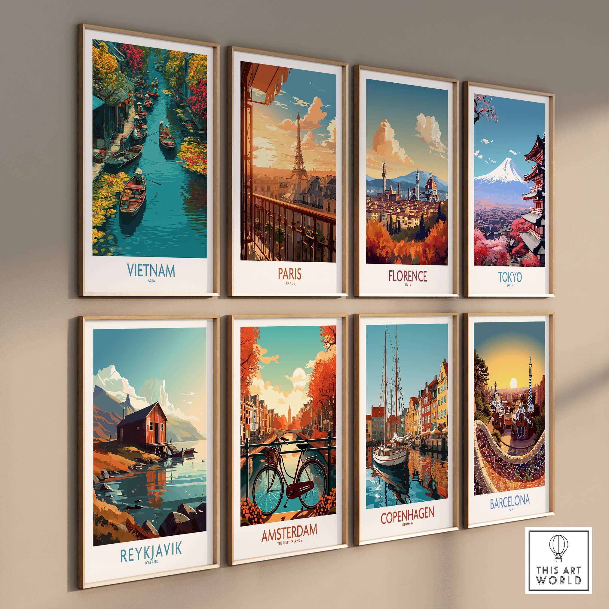 Vietnam Poster - Southeast Asia Travel Print displayed among iconic city prints on a gallery wall.