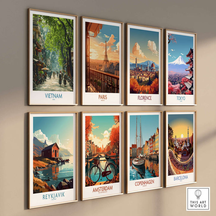 A display of framed city prints including Vietnam, Paris, Florence, and others on a wall.
