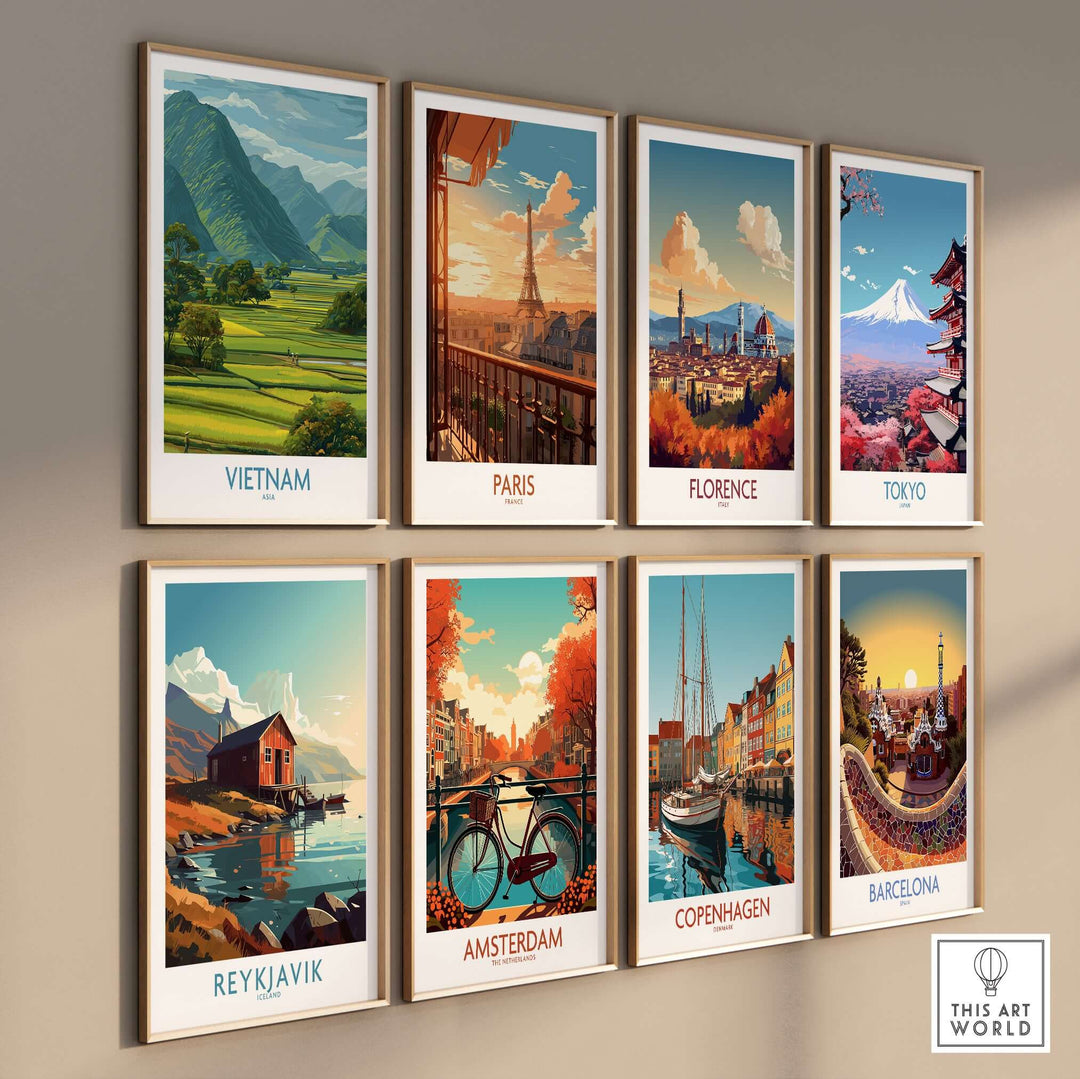 Gallery of travel wall art prints featuring landscapes from Vietnam, Paris, Florence, Tokyo, Reykjavik, Amsterdam, Copenhagen, and Barcelona.