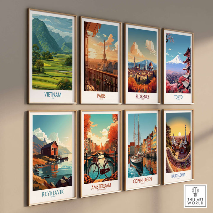 Gallery of travel wall art prints featuring landscapes from Vietnam, Paris, Florence, Tokyo, Reykjavik, Amsterdam, Copenhagen, and Barcelona.