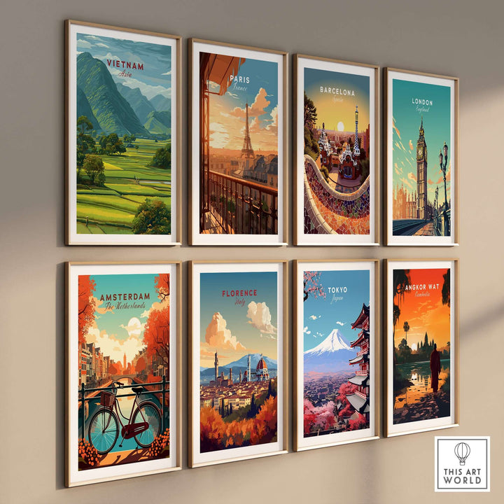 Collection of travel posters featuring landscapes from Vietnam, Paris, Barcelona, London, Amsterdam, Florence, Tokyo, and Angkor Wat.