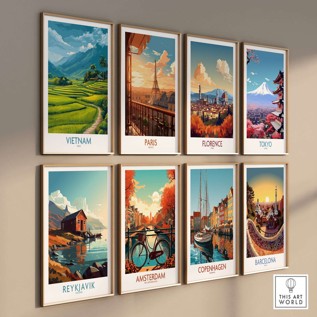 Set of vibrant art prints featuring famous cities like Vietnam, Paris, Florence, Tokyo, and more.