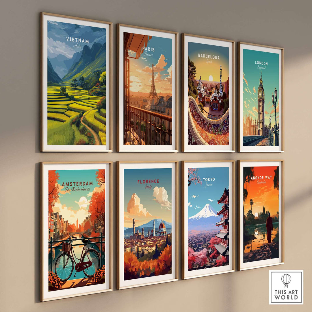 Gallery of travel posters featuring Vietnam, Paris, Barcelona, London, Amsterdam, Florence, Tokyo, and Angkor Wat.