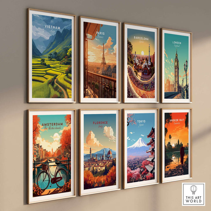 Gallery of travel posters featuring Vietnam, Paris, Barcelona, London, Amsterdam, Florence, Tokyo, and Angkor Wat.