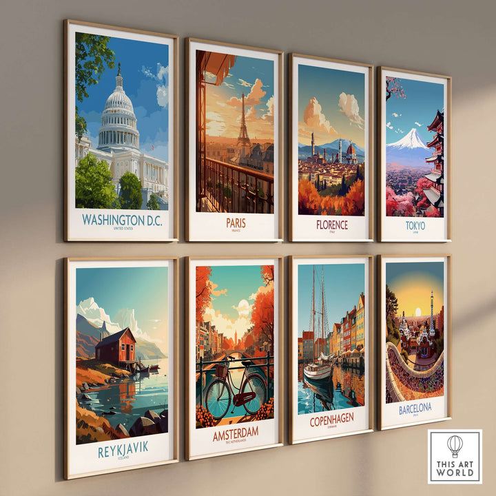 Collection of travel posters including Washington D.C., Paris, Florence, and more, showcasing iconic landmarks and vibrant colors.