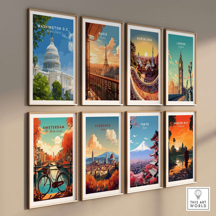 Wall art featuring iconic city prints including Washington D.C., Paris, and Tokyo, showcasing global landmarks.