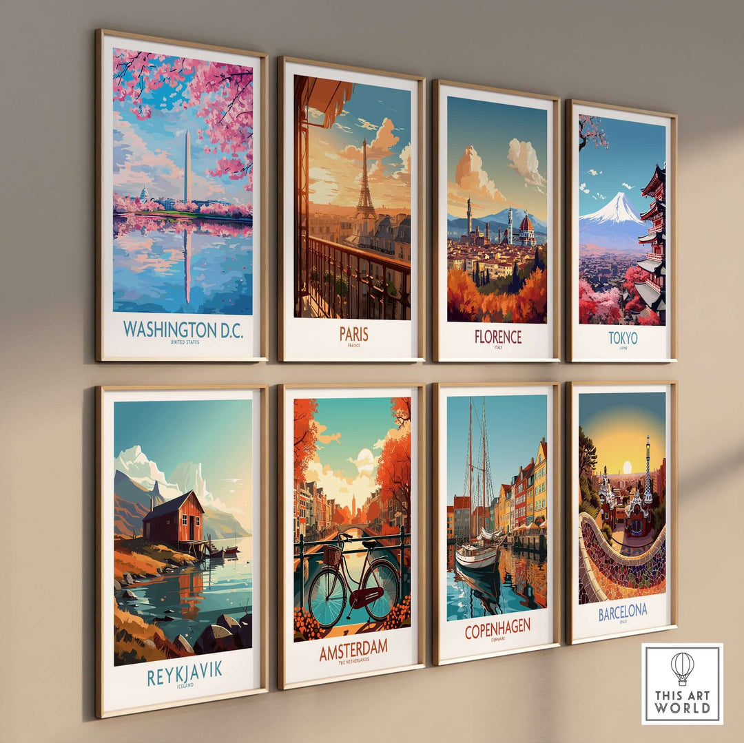 Colorful wall art prints featuring iconic cities: Washington D.C., Paris, Florence, Tokyo, Reykjavik, Amsterdam, Copenhagen, Barcelona.
