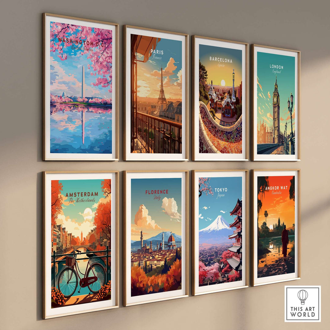 Collection of colorful city travel posters including Washington, Paris, Barcelona, London, Amsterdam, Florence, Tokyo, and Angkor Wat.