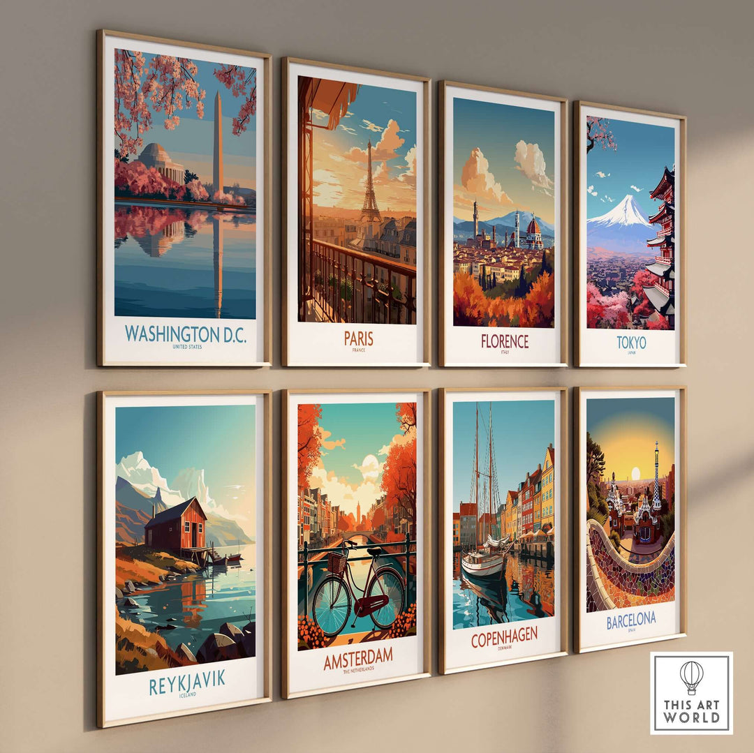 Collection of travel posters featuring Washington D.C., Paris, Florence, Tokyo, Reykjavik, Amsterdam, Copenhagen, and Barcelona.