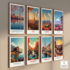 Washington D.C. Cherry Blossom Poster among other city-themed art prints on a wall.