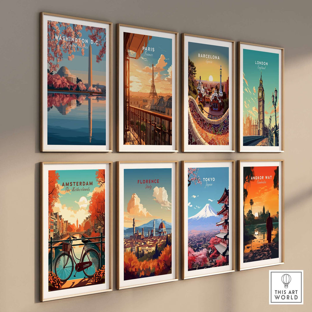 Colorful travel posters showcasing iconic landmarks of major cities like Washington D.C., Paris, and Tokyo.
