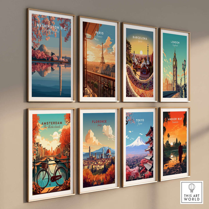 Colorful travel posters showcasing iconic landmarks of major cities like Washington D.C., Paris, and Tokyo.