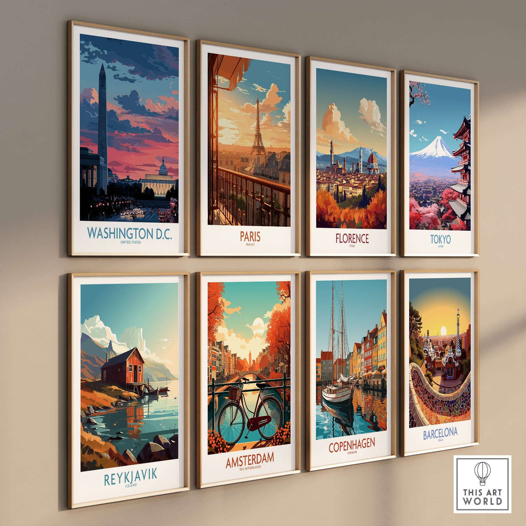 Collection of vibrant city skyline wall art prints featuring Washington D.C., Paris, Florence, Tokyo, Reykjavik, Amsterdam, Copenhagen, and Barcelona.