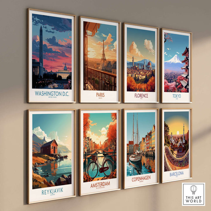 Collection of vibrant city skyline wall art prints featuring Washington D.C., Paris, Florence, Tokyo, Reykjavik, Amsterdam, Copenhagen, and Barcelona.