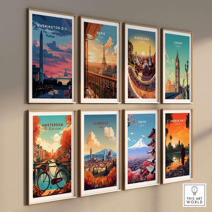 Colorful travel posters of iconic cities including Washington D.C., Paris, and Tokyo displayed on a wall.