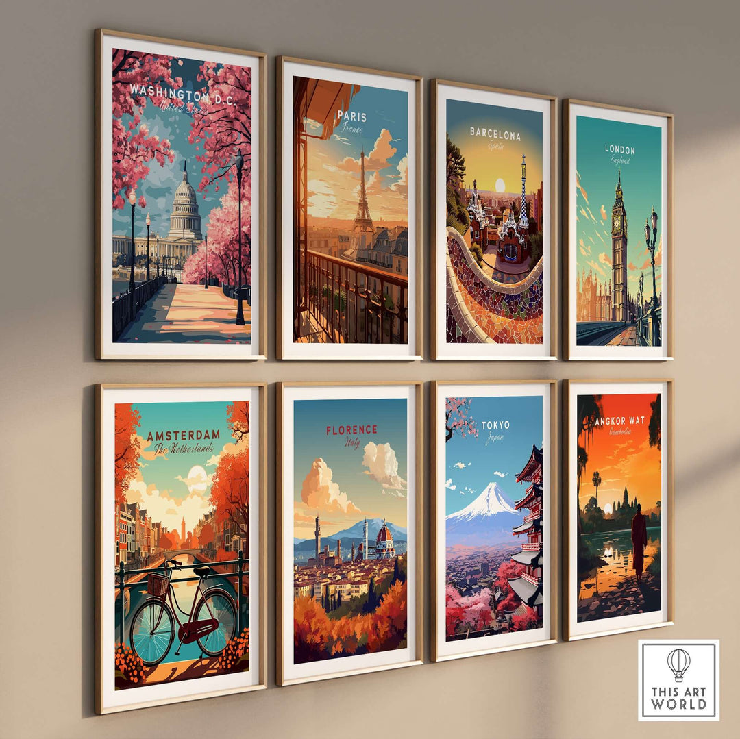 Gallery of iconic city posters featuring Washington D.C., Paris, Barcelona, and more, showcasing vibrant landmarks.