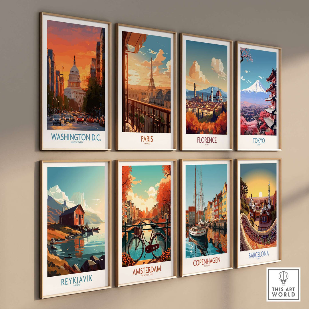 Wall display featuring vibrant cityscape posters of Washington D.C., Paris, Florence, Tokyo, Reykjavik, Amsterdam, Copenhagen, and Barcelona.