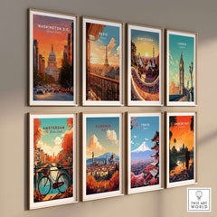 Washington D.C. Capitol Building Sunset Print - American Landmark Wall Art alongside iconic city prints on a gallery wall.
