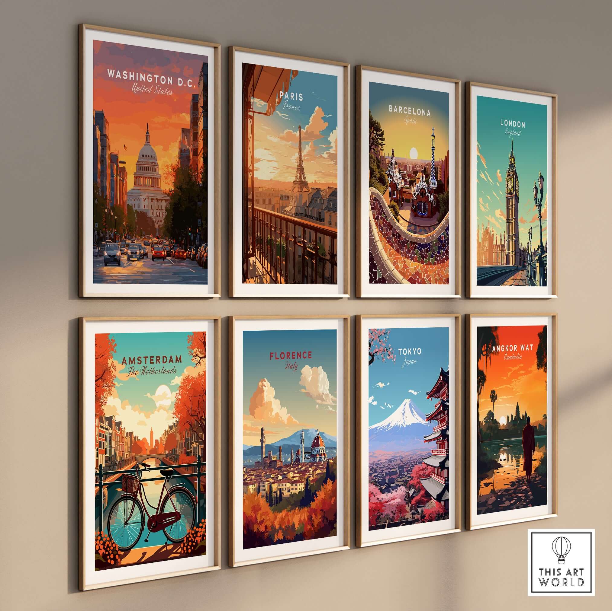 Washington D.C. Capitol Building Sunset Print - American Landmark Wall Art alongside iconic city prints on a gallery wall.