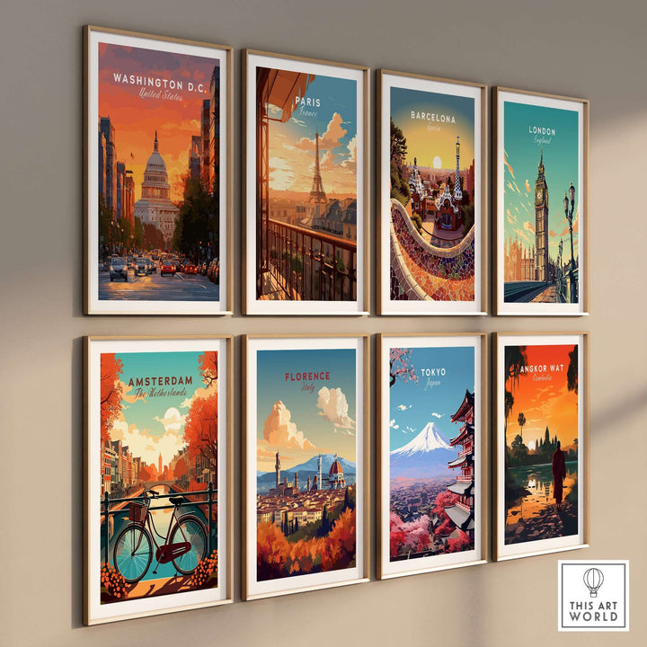 Collection of iconic city prints including Washington D.C., Paris, Barcelona, and more, showcasing famous landmarks.
