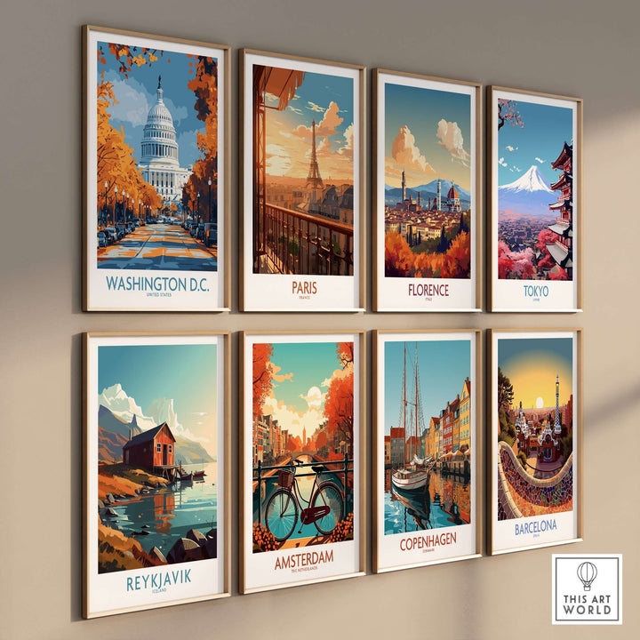 Collection of vintage travel posters featuring iconic cities like Washington D.C., Paris, and Tokyo.