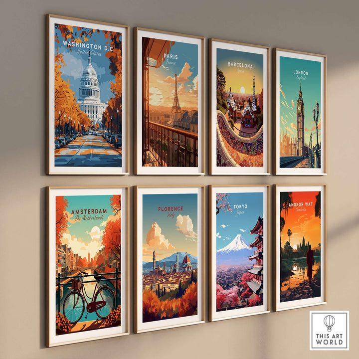 Gallery of city prints featuring Washington D.C., Paris, Barcelona, London, Amsterdam, Florence, Tokyo, and Angkor Wat.