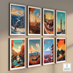 Collection of travel posters featuring Whistler, Paris, Barcelona, London, Amsterdam, Florence, Tokyo, and Angkor Wat.