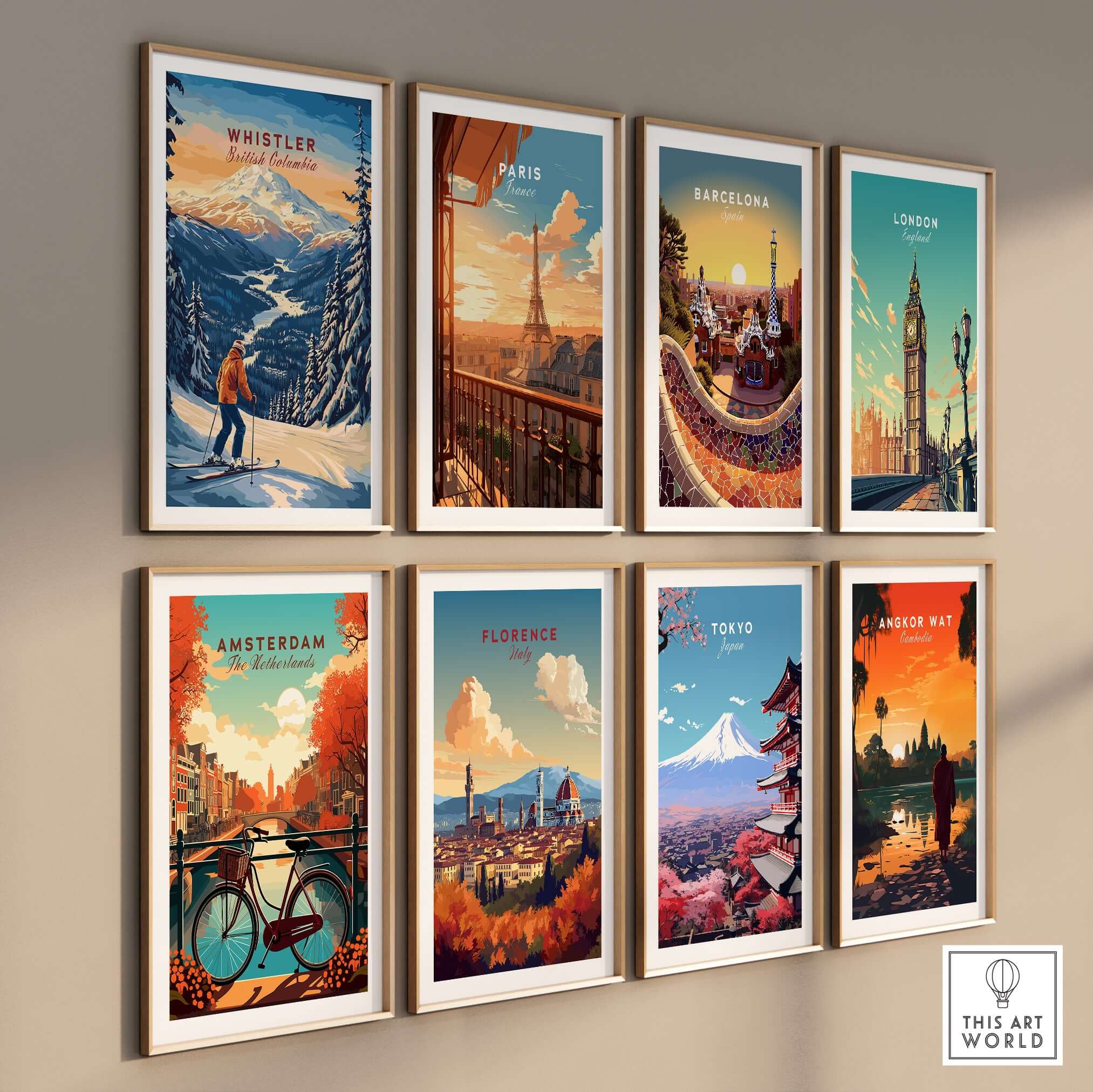 Collection of travel posters featuring Whistler, Paris, Barcelona, London, Amsterdam, Florence, Tokyo, and Angkor Wat.