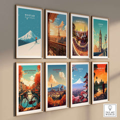 Gallery of vintage travel posters including Whistler, Paris, Barcelona, London, Amsterdam, Florence, Tokyo, and Angkor Wat.