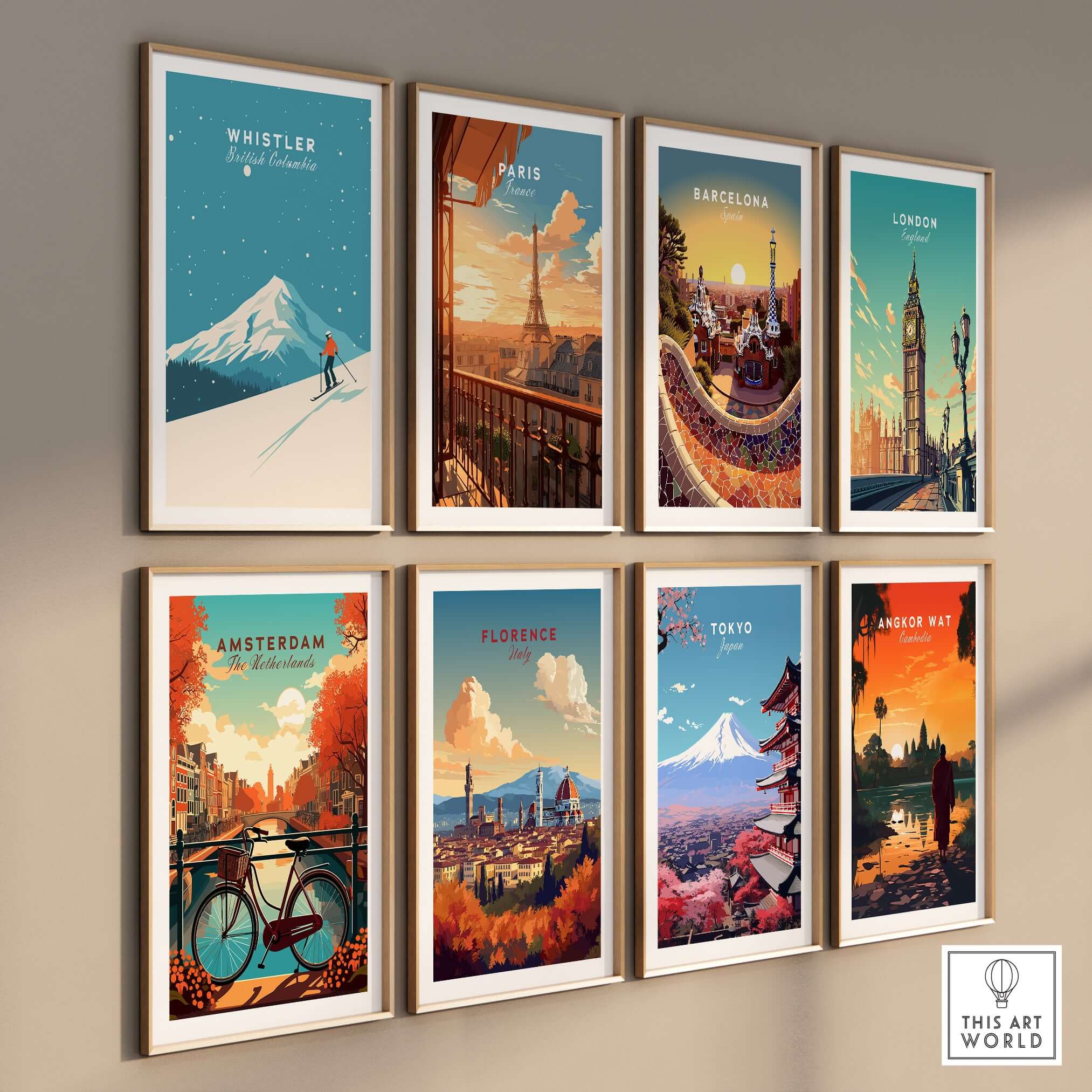 Gallery of vintage travel posters including Whistler, Paris, Barcelona, London, Amsterdam, Florence, Tokyo, and Angkor Wat.