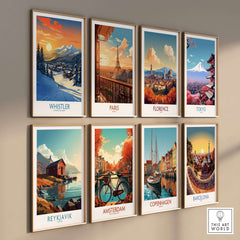 Collection of travel posters featuring iconic cities including Whistler, Paris, Florence, Tokyo, Reykjavik, Amsterdam, Copenhagen, and Barcelona.