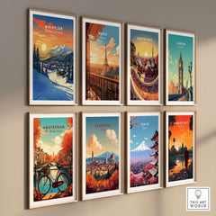 Gallery of travel posters featuring Whistler, Paris, Barcelona, London, Amsterdam, Florence, Tokyo, and Angkor Wat.