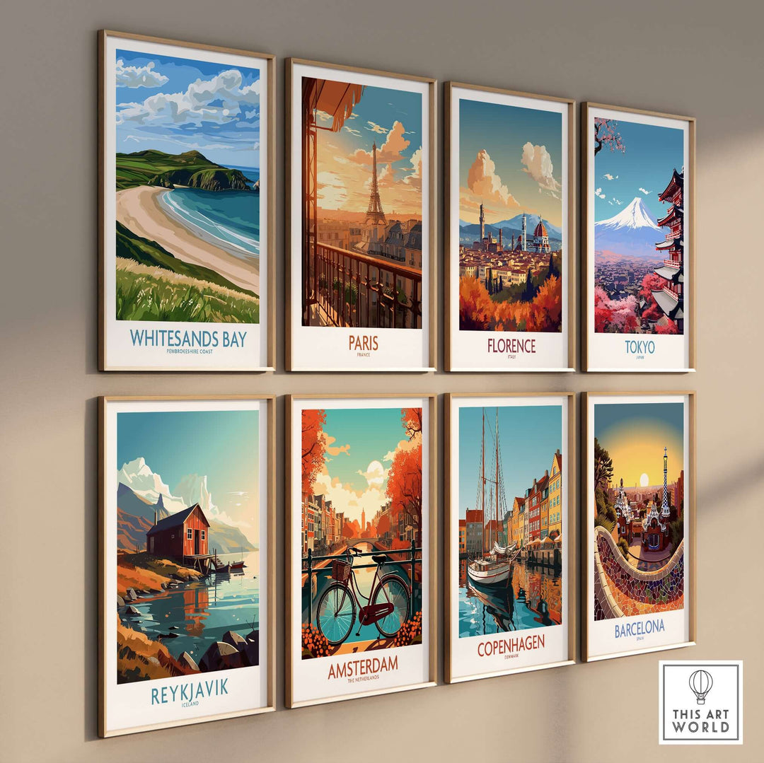 Collection of vibrant travel prints featuring Whitesands Bay, Paris, Tokyo, and more on a gallery wall.