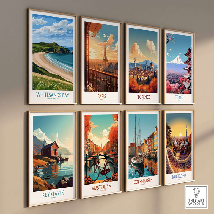 Collection of vibrant travel prints featuring Whitesands Bay, Paris, Tokyo, and more on a gallery wall.