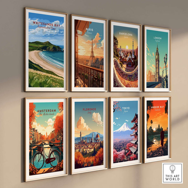 Collection of travel posters featuring Whitesands Bay, Paris, Barcelona, London, Amsterdam, Florence, Tokyo, Angkor Wat.