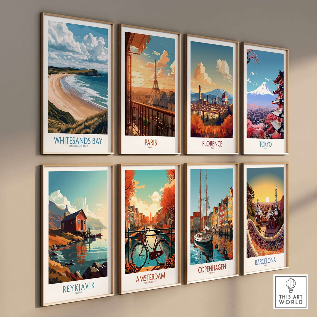 Gallery wall of travel posters featuring Whitesands Bay, Paris, Florence, Tokyo, Reykjavik, Amsterdam, Copenhagen, and Barcelona.