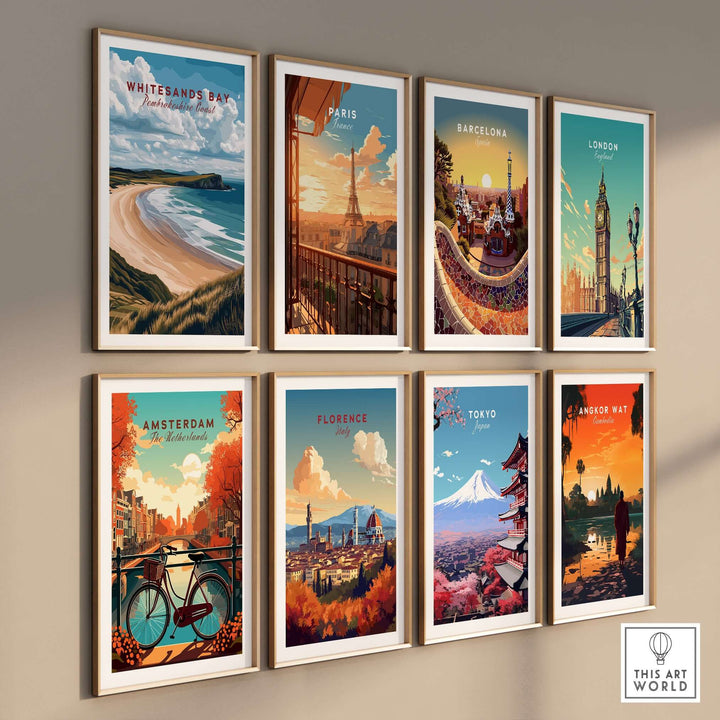 A collection of vibrant travel art prints featuring Whitesands Bay, Paris, Barcelona, London, Amsterdam, Florence, Tokyo, and Angkor Wat.