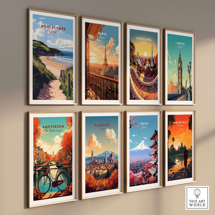 Gallery wall featuring travel-themed prints including Woolacombe, Paris, Barcelona, and London.