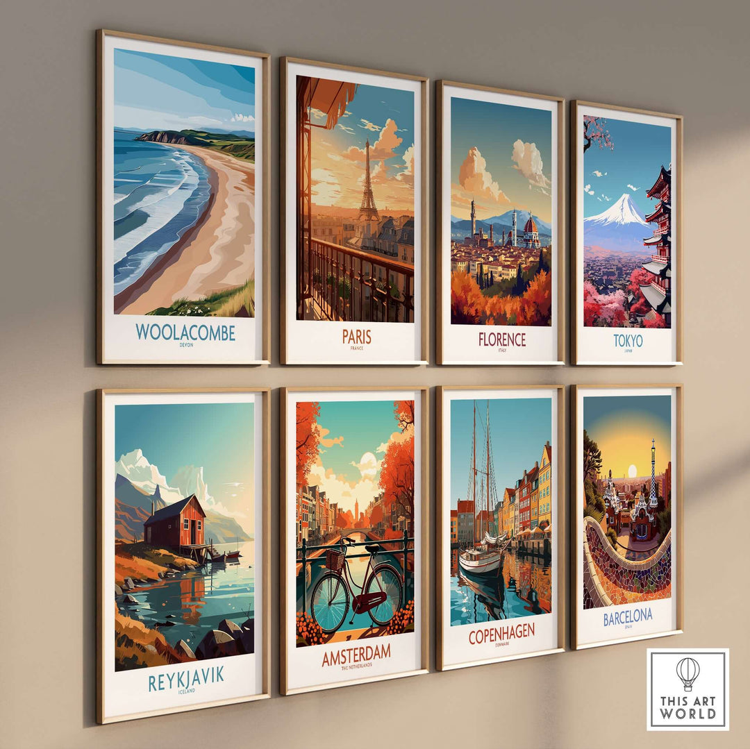 Colorful wall art featuring iconic travel destinations including Woolacombe, Paris, Florence, and Tokyo.